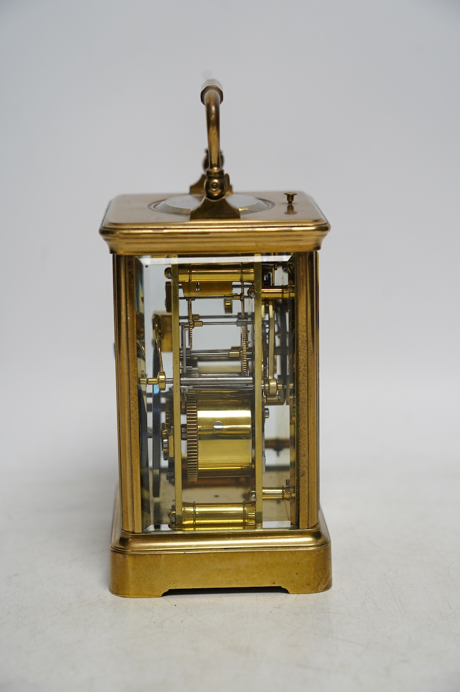 A late 19th century Henri Jacot brass cased eight day repeating carriage clock, 15cm. Condition - good, not tested as working